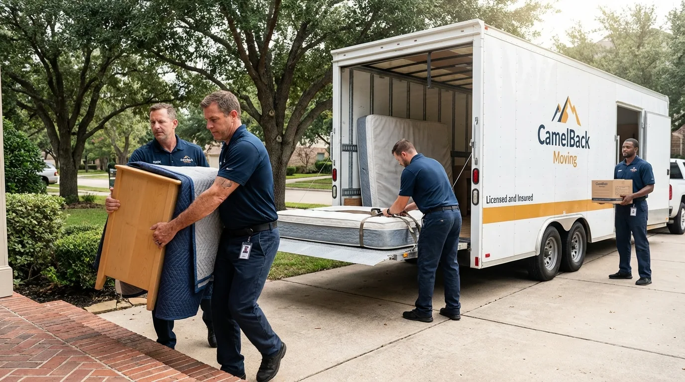 Crew loading residential truck for cross-state move from Carnegie, OK