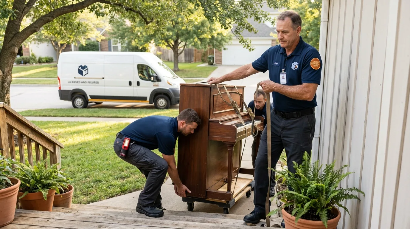 Licensed piano movers securing grand piano in Carnegie, OK