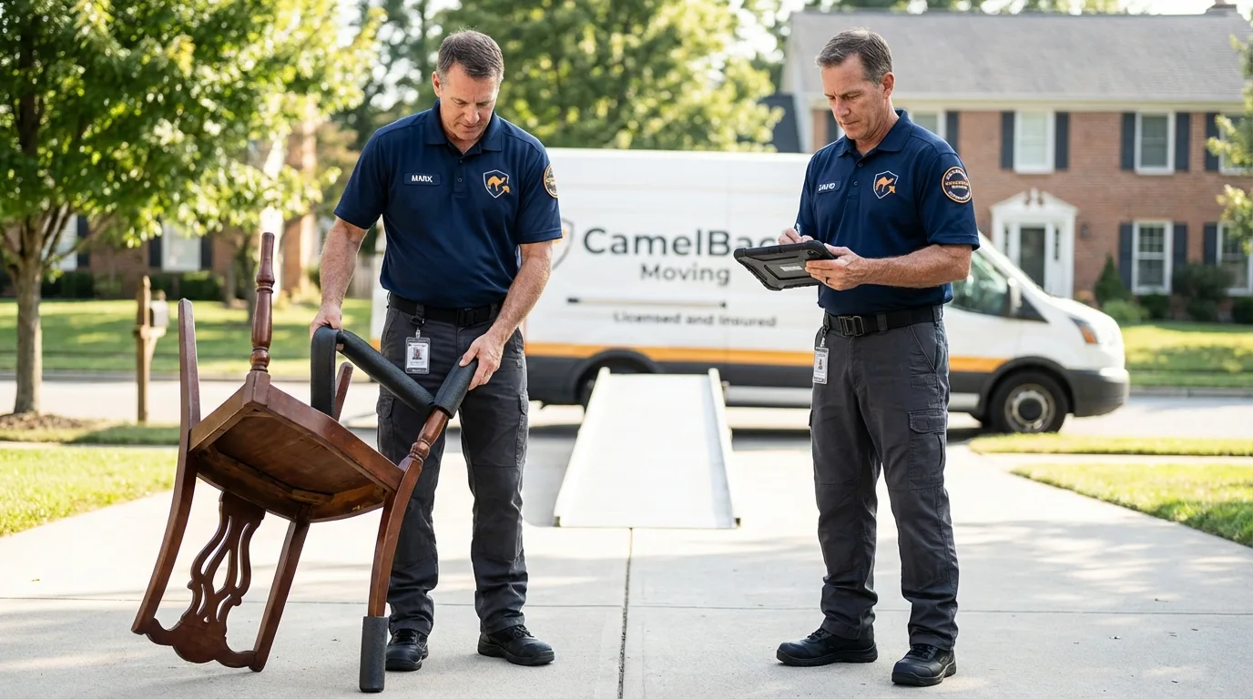 Movers inspecting furniture for damage prevention before loading in Carnegie, OK