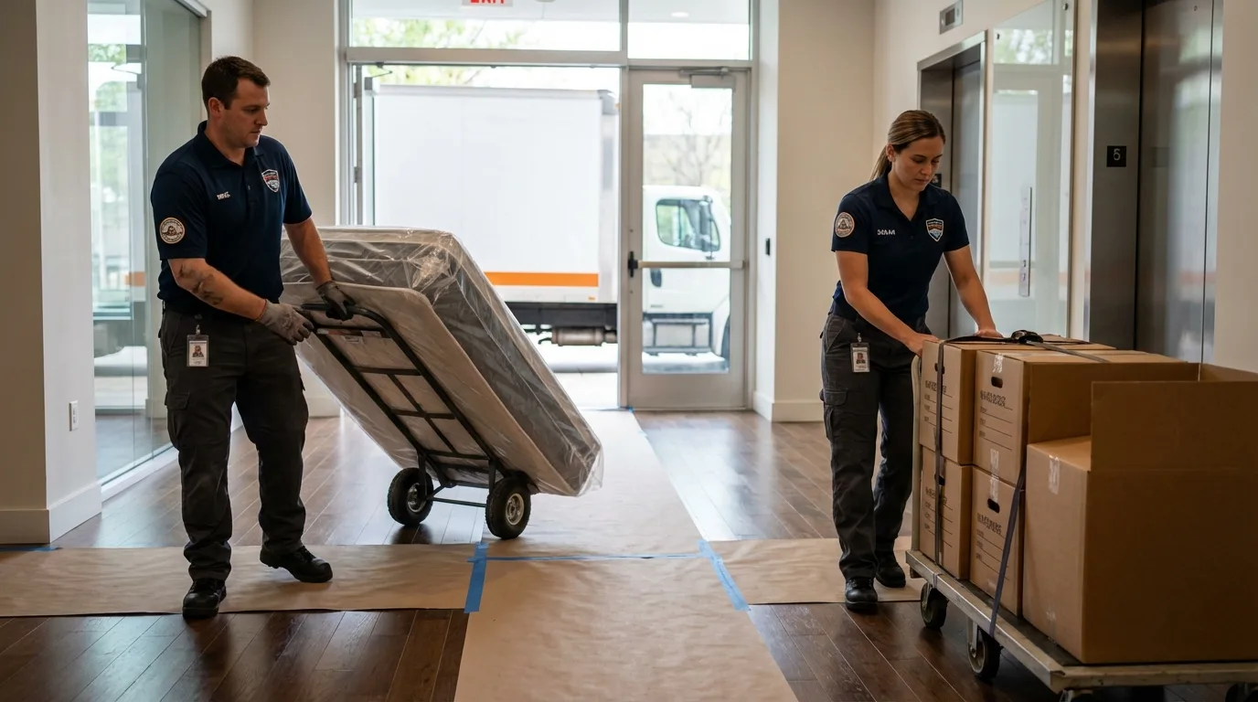 Professional apartment movers loading elevator in Carnegie, OK